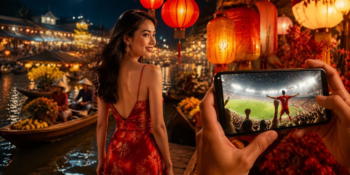 Người dùng tại Cần Thơ xem phân tích bóng đá trên điện thoại tại chợ đêm